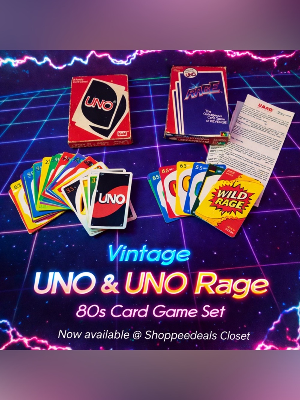Vintage UNO + UNO RAGE Card Game Bundle 1983 Family Set